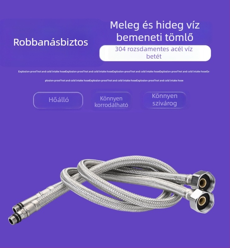 304 rozsdamentes acél sodrott tömlő mosogatócsaphoz, forró és hideg víz bemeneti cső, 0.8-1.2 MPa, 0-90°C, anyás csatlakozás
