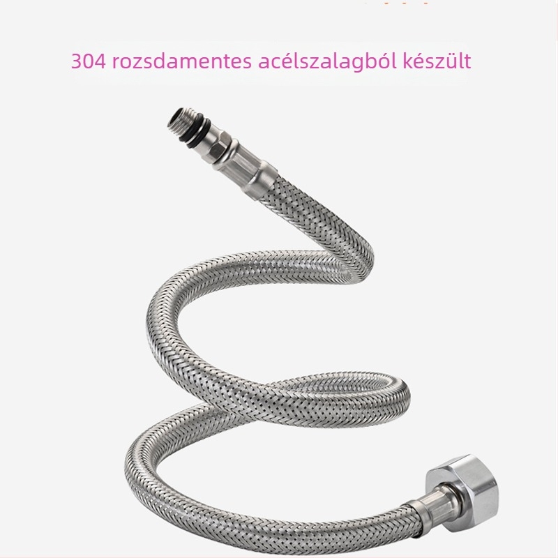 304 rozsdamentes acél sodrott tömlő mosogatócsaphoz, forró és hideg víz bemeneti cső, 0.8-1.2 MPa, 0-90°C, anyás csatlakozás