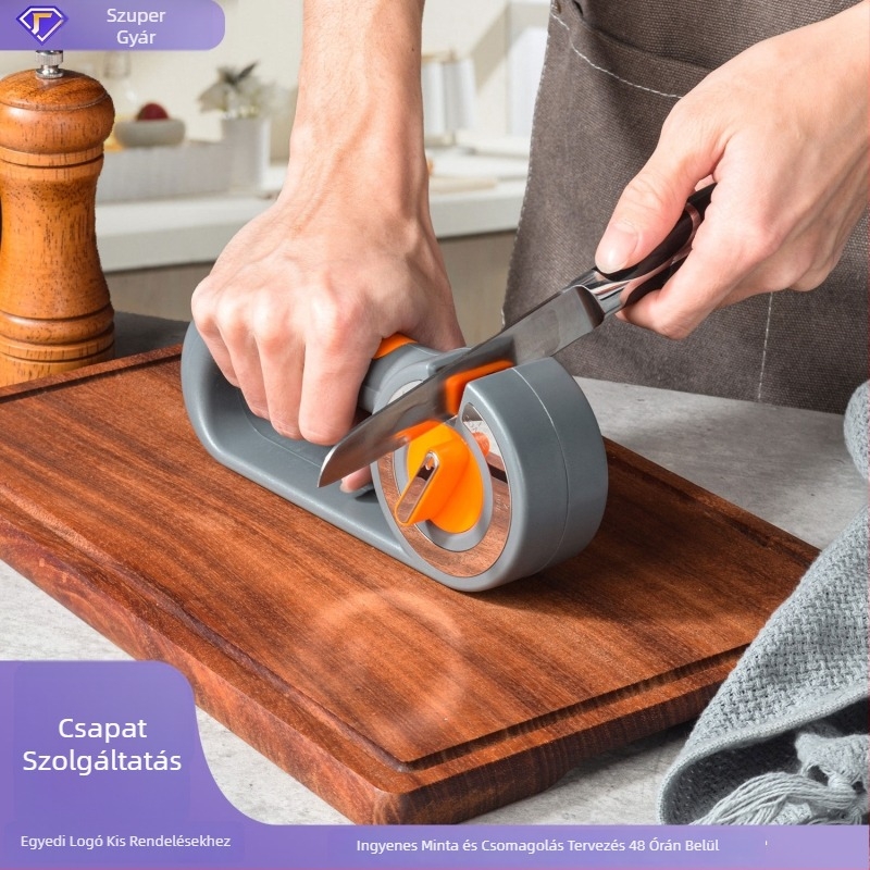 Konyhai késélező többirányú állítással – alkalmas konyhai, szakács és szeletelő késekhez és ollókhoz; Anyagok: ABS műanyag, kerámia, emery, tungsten steel, 430 rozsdamentes acél