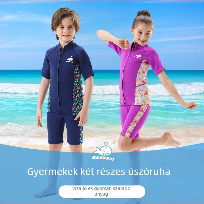 Gyerekeknek szóló 2.5 mm SCR neoprenből készült két részes búvárruha, uniszex, meleg és UV-védelmet nyújtó, úszáshoz, snorkelinghez és merüléshez
