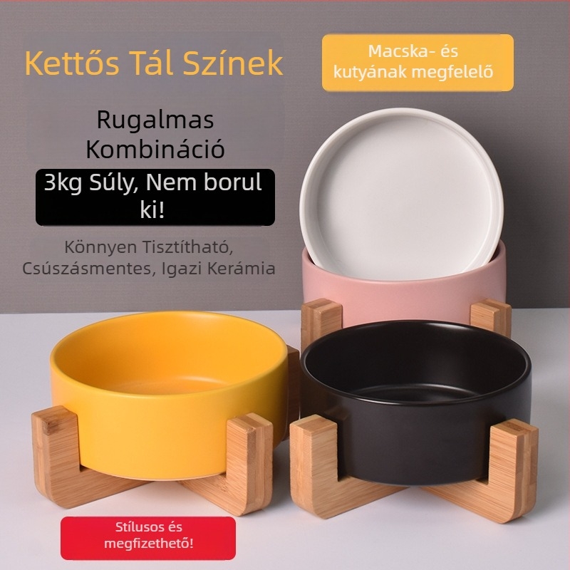 Kerámiából készült macska étel- és ivó tál, anti felborulás dizájnnal