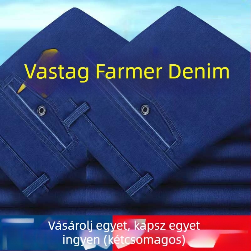 Farmernadrág férfiaknak, magas derék, egyenes szabás, fleece-béléssel, szabad esés
