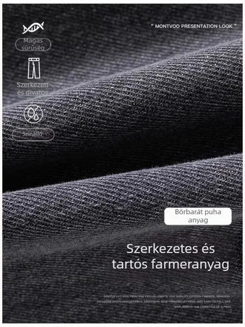 Férfi denim nadrág - pamut-keverék, fleece bélés, középmagas derék, egyenes szár, cipzáras zárás