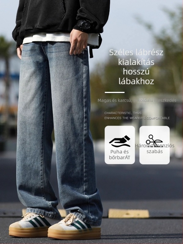Férfi denim nadrág - pamut-keverék, fleece bélés, középmagas derék, egyenes szár, cipzáras zárás
