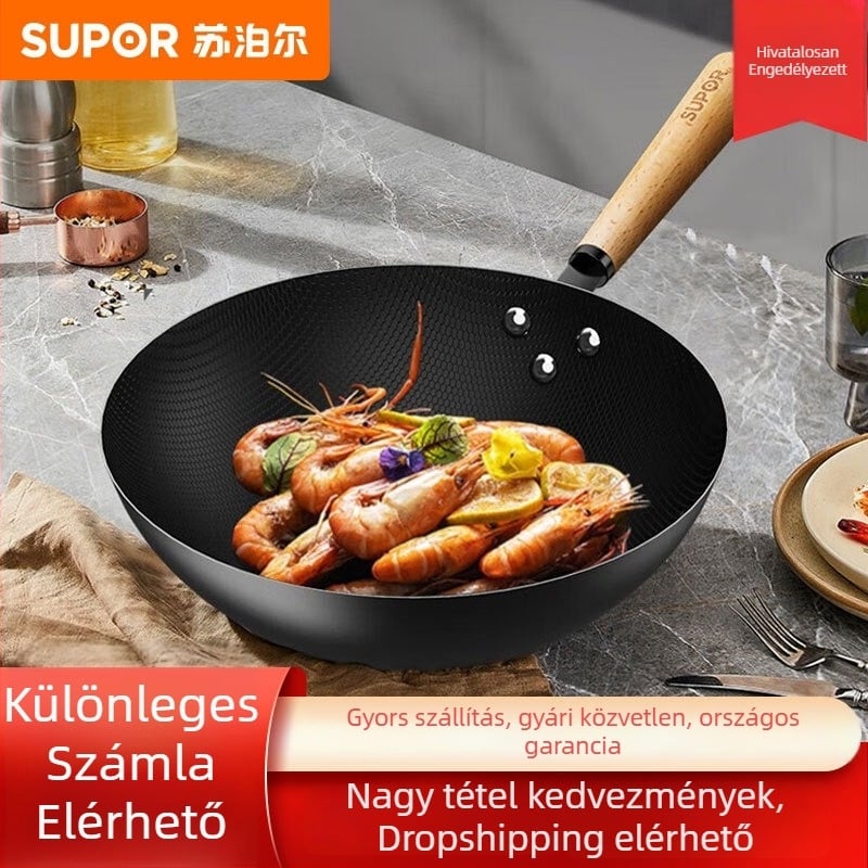 Supor wok finomvasból készült méhsejt szerkezetű, alacsony olajfüsttel, bevonat nélkül, modell VC32RF01, gáztűzhelyhez