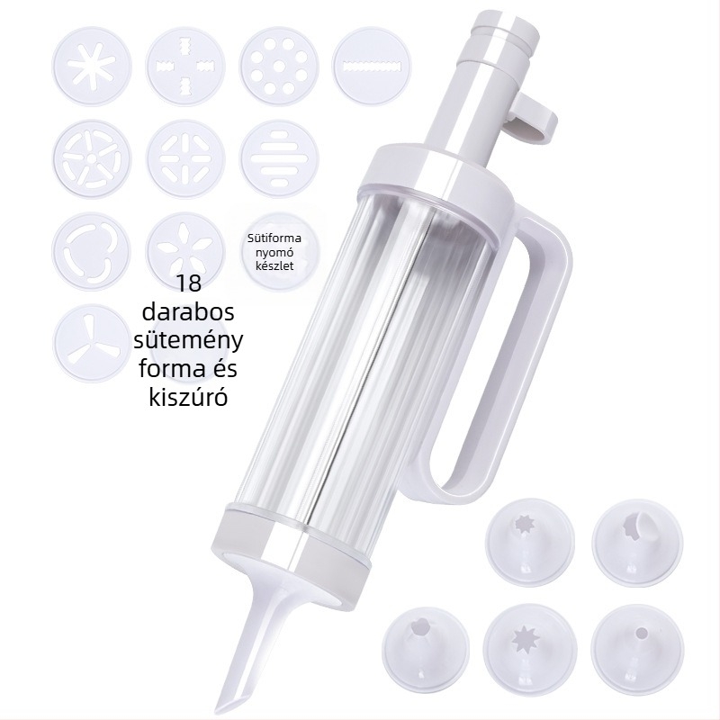 Decoráló pisztoly készlet süteményekhez és kekszekhez – nyomófejek és zacskó, PS+PP anyag, teljes süteménydekoráló készlet