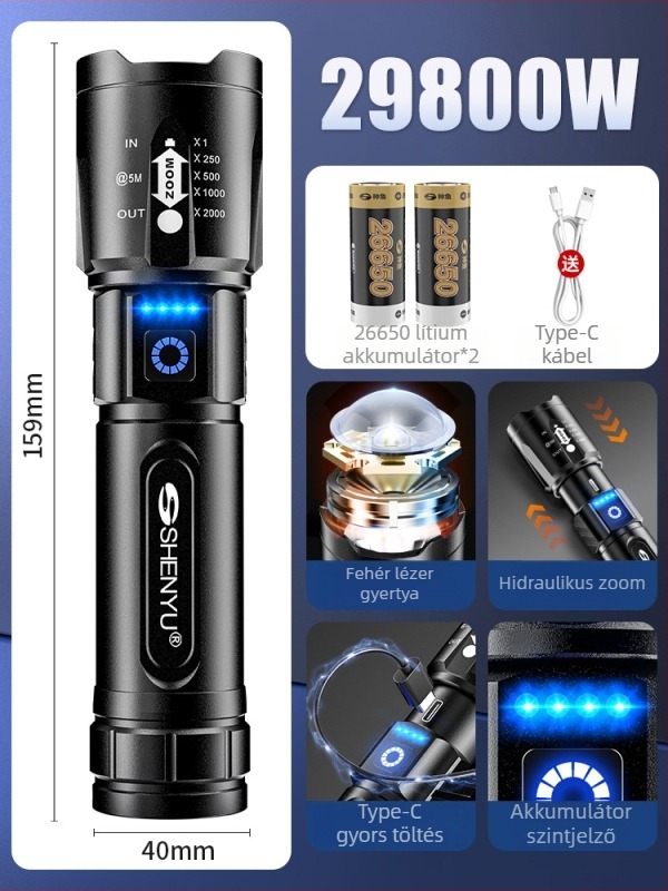 SHENYU kézi, újratölthető zseblámpa lézerfénnyel, 5W, 2500mAh, hatótáv 500 m felett