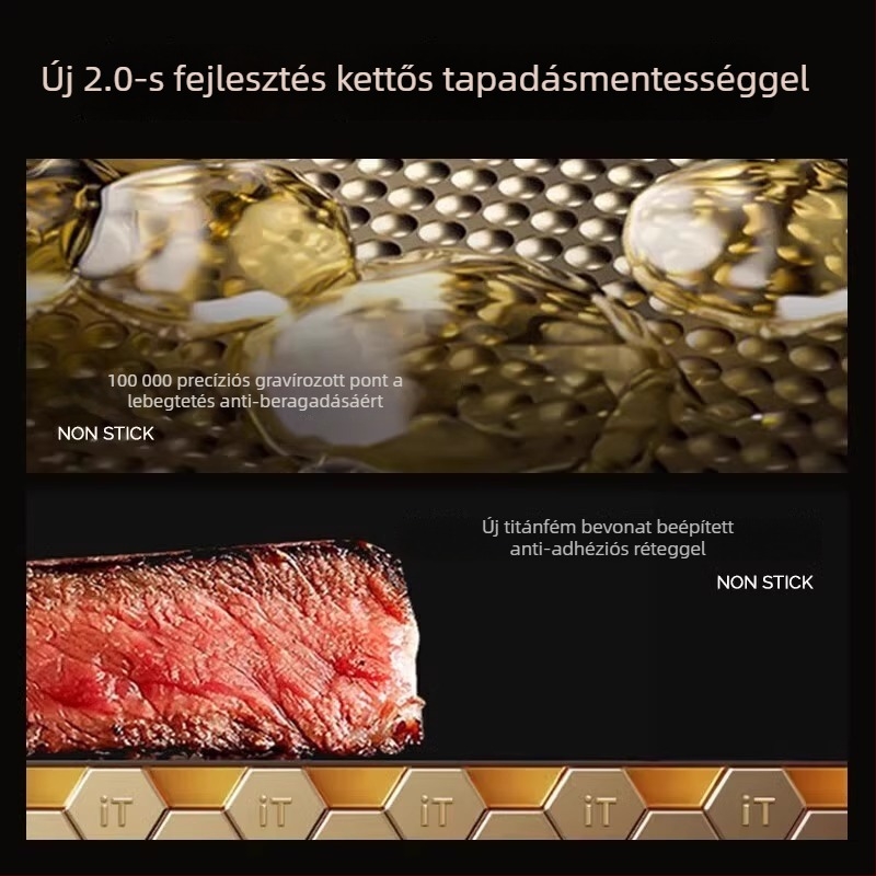 Kétrétegű titán serpenyő, tapadásmentes bevonattal, rozsdamentes acélból, indukciós főzőlaphoz, sík alj