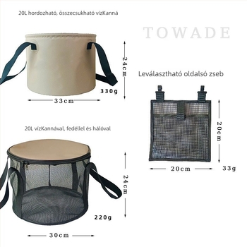 Összecsukható PVC kád gyümölcsmosó hálós táskával kempinghez és horgászathoz, 10L/20L kapacitás