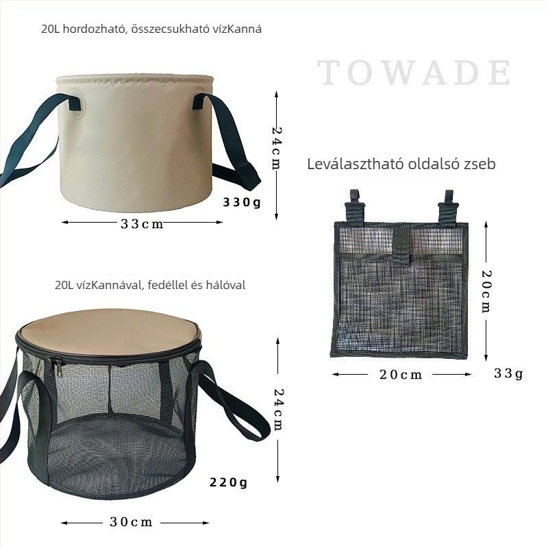 Összecsukható PVC kád gyümölcsmosó hálós táskával kempinghez és horgászathoz, 10L/20L kapacitás