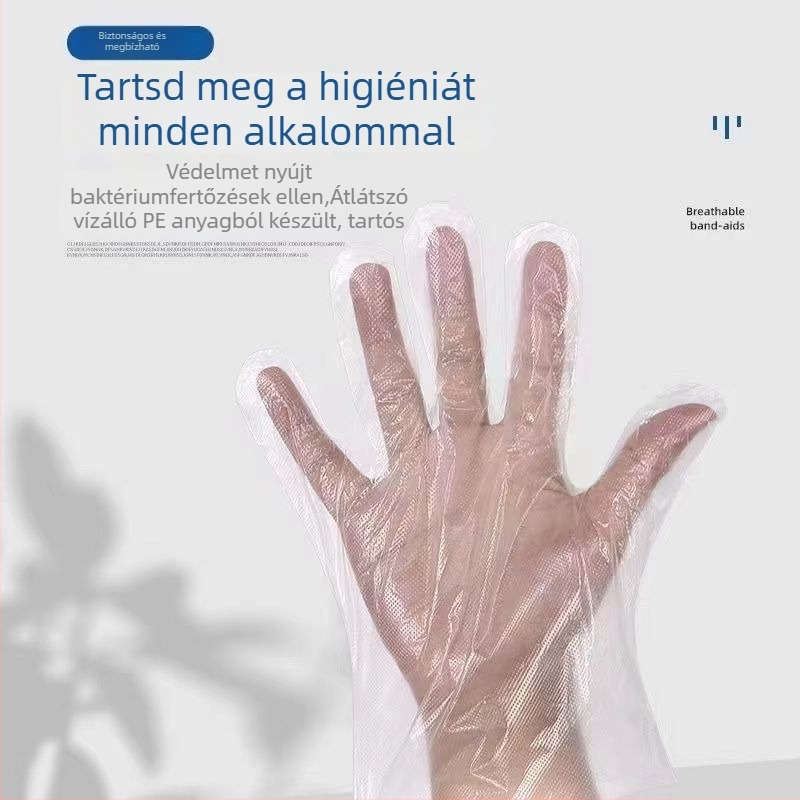 Élelmiszer-minőségű egyszer használatos kesztyűk, polietilén, vastagított, átlátszó, adagoló dobozos csomagolásban