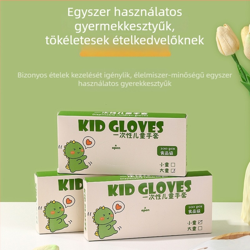 Gyermekeknek szánt egyszer használatos TPE kesztyűk, élelmiszer-minőségűek, vastagok, csúszásmentesek, olajállóak; műanyag anyag, átlátszó mintázat, vastagság 1, porvédő