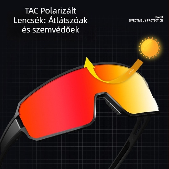 TAC polárizált kerékpáros szemüveg, TR90 keret, szélálló kialakítás, UV-védelem, állítható orrnyereg