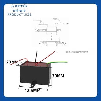 Plazma Generátor – Sterilizálás és Légkörtisztítás, Modell TFB-Y78DJ4; Tápegység-modul mérete 42,5×23×30 mm; Zöld terhelés mérete 280×280×10 mm