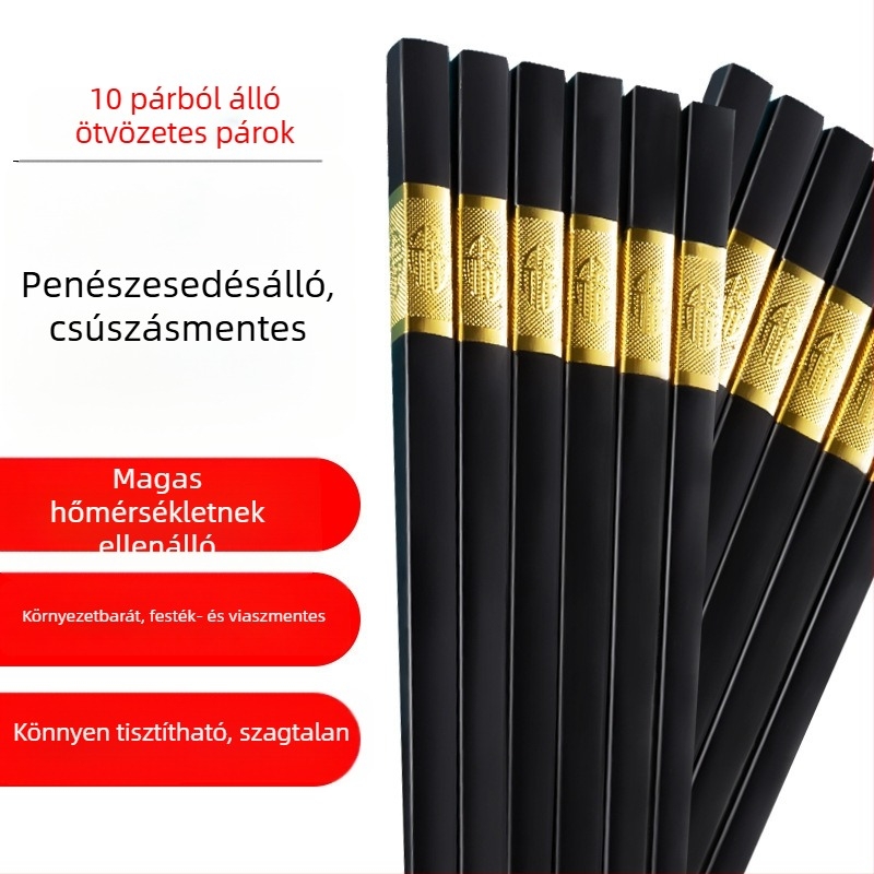 Evőpálcikák műanyag és ötvözet összetételből, penészmentes, csúszásmentes, hőálló és deformációálló – 10 pár otthoni és szállodai használatra