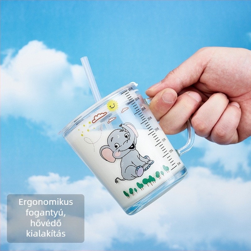 Üveg víz pohár karikatúra mintával, fogantyúval, zárható és hőszigetelő