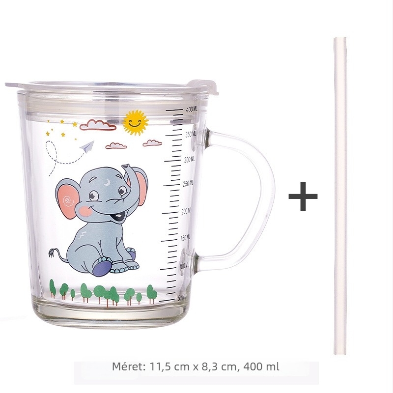 Üveg víz pohár karikatúra mintával, fogantyúval, zárható és hőszigetelő