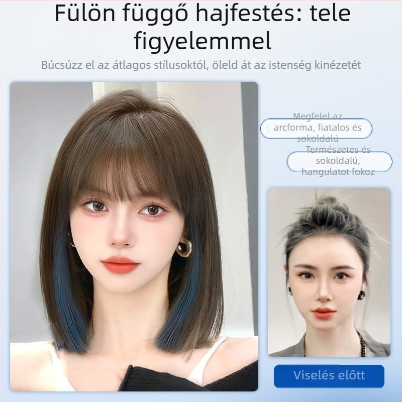 Női rövid paróka egyenes frufival, mindennapi természetes megjelenés, gépi gyártású haj, magas hőálló selyem anyag, univerzális típus, nem festhető