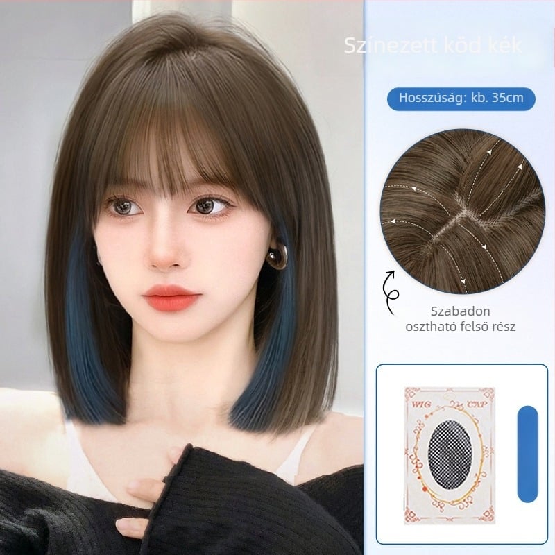 Női rövid paróka egyenes frufival, mindennapi természetes megjelenés, gépi gyártású haj, magas hőálló selyem anyag, univerzális típus, nem festhető