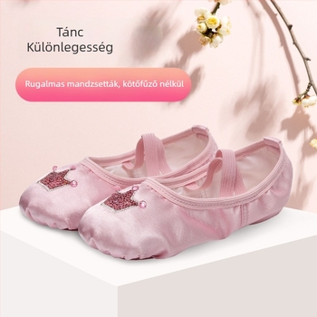 Gyerekeknek készült balett-tánccipő satin macska láb mintával, felsőrész selyem, talp marhabőr, strassz díszítés, légáteresztő és könnyű
