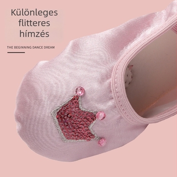 Gyerekeknek készült balett-tánccipő satin macska láb mintával, felsőrész selyem, talp marhabőr, strassz díszítés, légáteresztő és könnyű