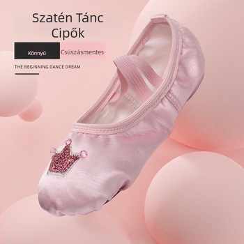Gyerekeknek készült balett-tánccipő satin macska láb mintával, felsőrész selyem, talp marhabőr, strassz díszítés, légáteresztő és könnyű