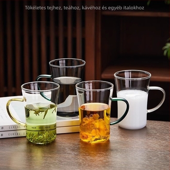 Teáscsésze fogantyúval, magas boroszilikát üvegből, modern minimalist design, kör alakú forma, 150 g