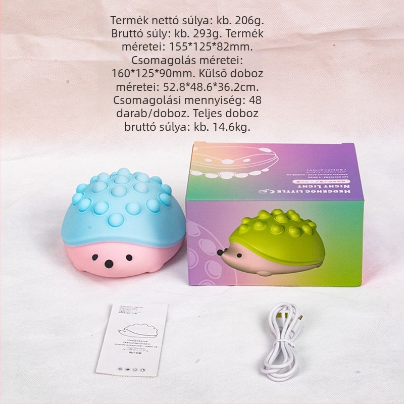 Tarajos szilikon éjszakai fény sün formában, nyomható buborékvilágítással, USB újratölthető beépített akkumulátor, gradient LED világítás, hét színű váltás, ROHS tanúsítványú