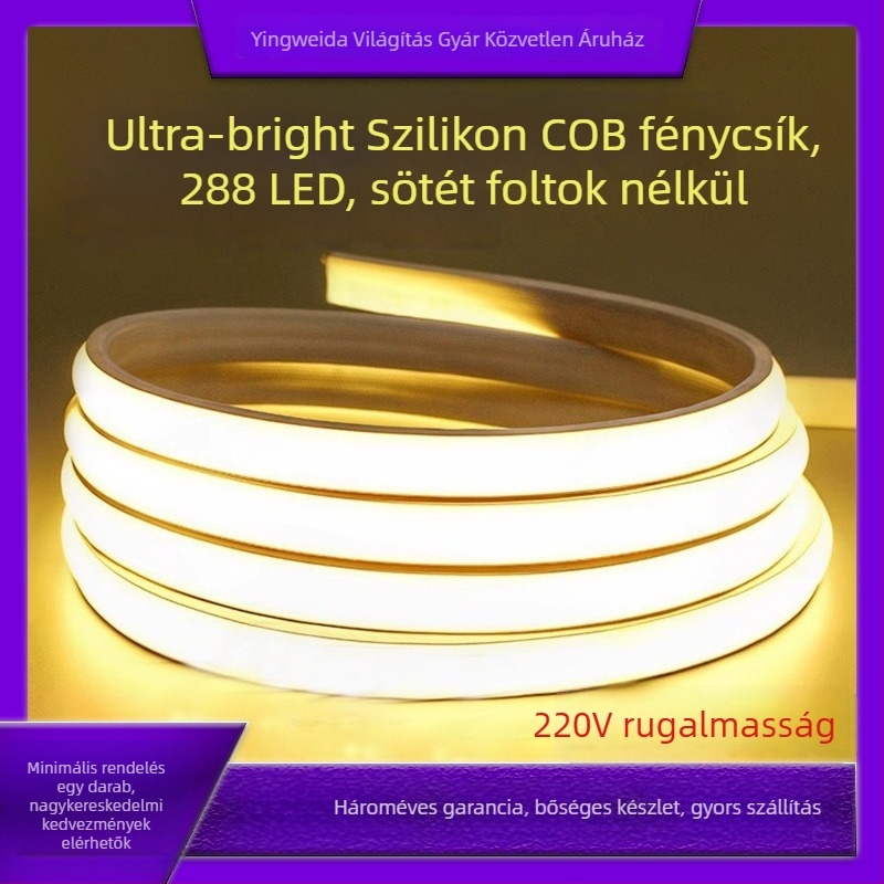 COB LED-szalag, 288 LED (2835-chip), 220V vízálló belső használatra, hajlékony LED-szalag, CRI 85-90