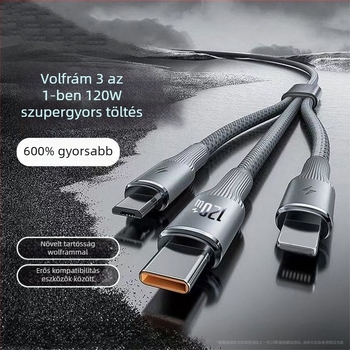 4 az 1-ben gyors töltésű adatkábel USB-C, Lightning, Micro USB, Mini USB interfészekkel; fonott kivitel, akár 66W