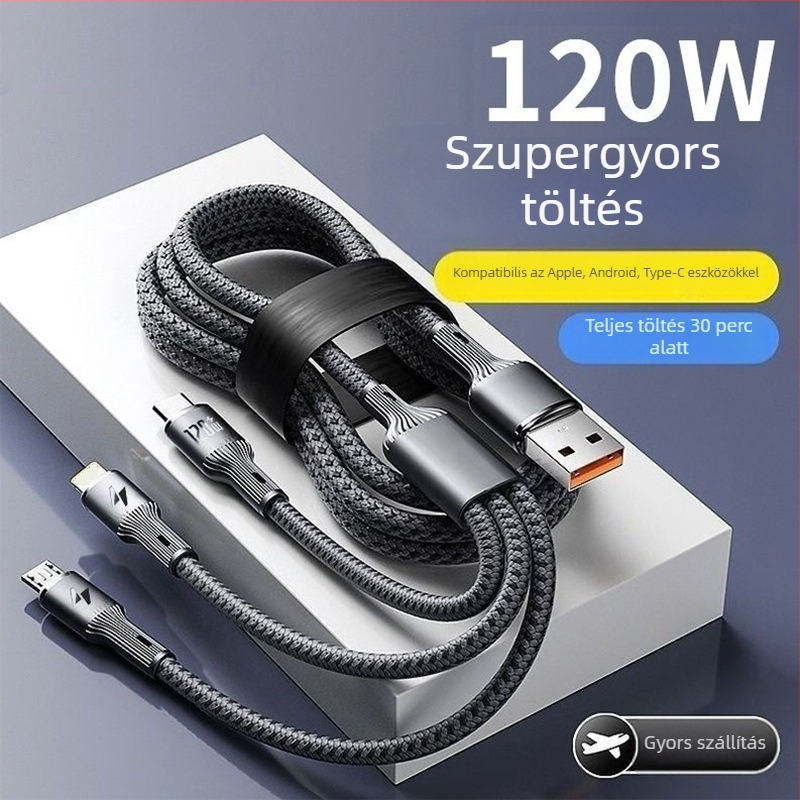 4 az 1-ben gyors töltésű adatkábel USB-C, Lightning, Micro USB, Mini USB interfészekkel; fonott kivitel, akár 66W