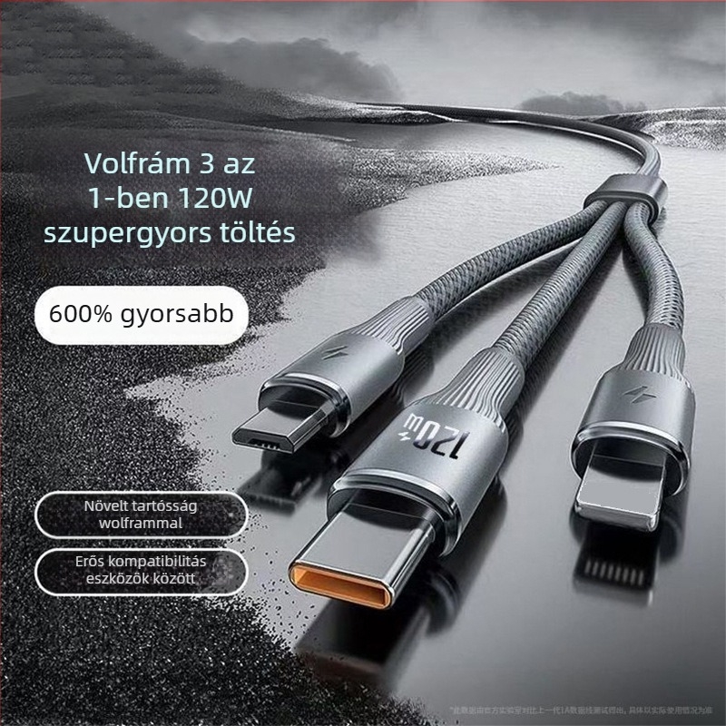 4 az 1-ben gyors töltésű adatkábel USB-C, Lightning, Micro USB, Mini USB interfészekkel; fonott kivitel, akár 66W