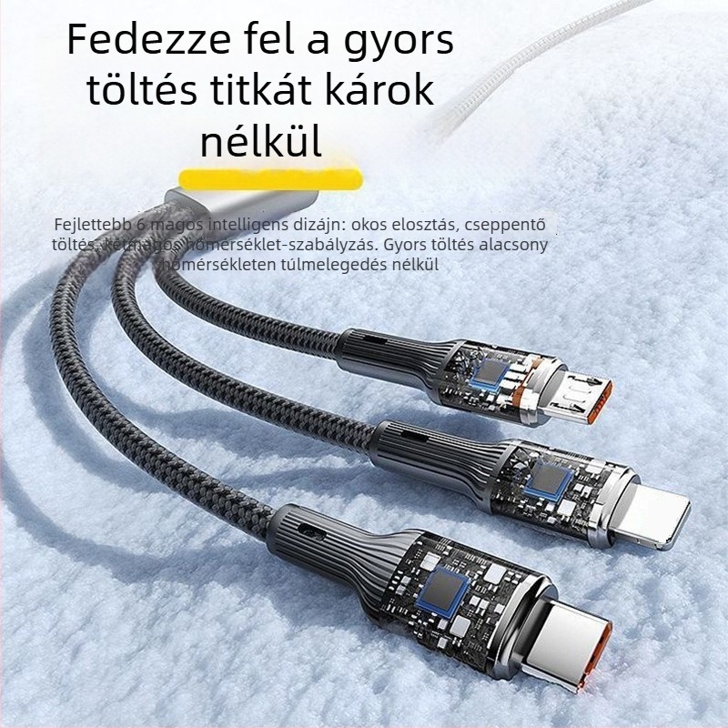 4 az 1-ben gyors töltésű adatkábel USB-C, Lightning, Micro USB, Mini USB interfészekkel; fonott kivitel, akár 66W