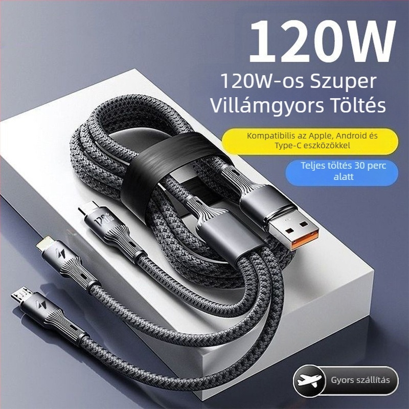 4 az 1-ben gyors töltésű adatkábel USB-C, Lightning, Micro USB, Mini USB interfészekkel; fonott kivitel, akár 66W