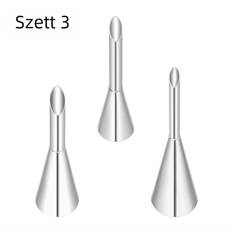 Rozsdamentes acélból készült díszítőcső készlet krémnyomáshoz és süteményekhez, OPP zacskóban csomagolva, modern minimális stílus.