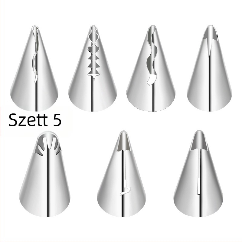 Rozsdamentes acélból készült díszítőcső készlet krémnyomáshoz és süteményekhez, OPP zacskóban csomagolva, modern minimális stílus.