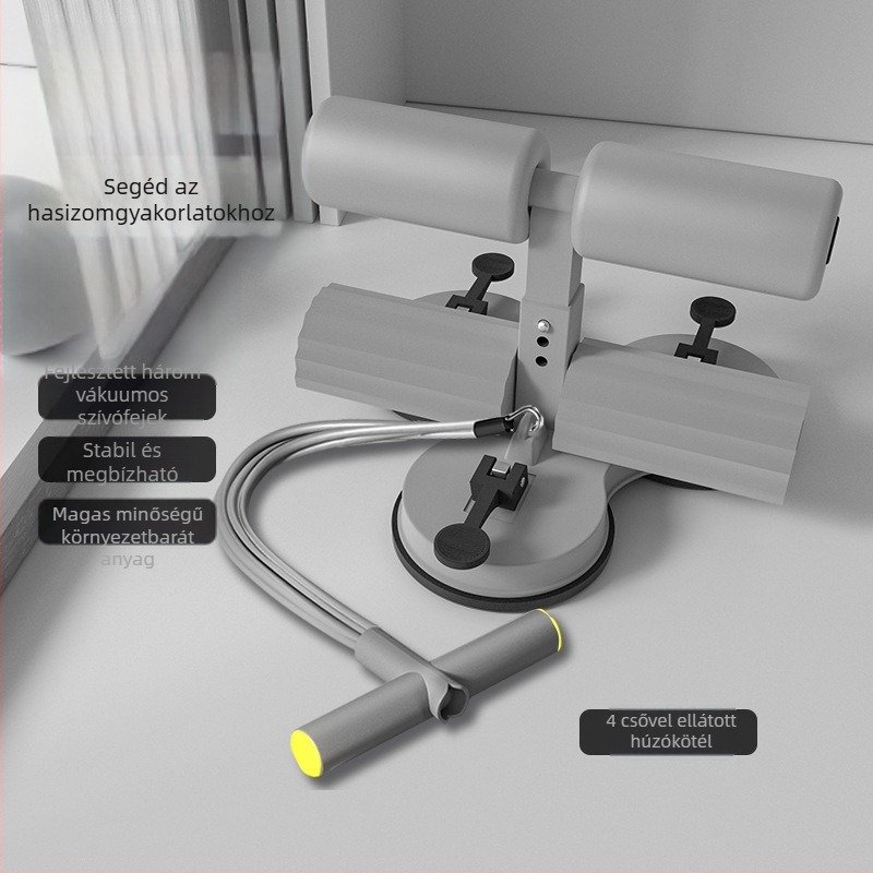 Hasizom-gyakorlatokhoz készült segédeszköz három szívófejjel, párhuzamos rudakkal, feszítőzsinórral és telefontartóval — modell 20250416, súly 1500 g