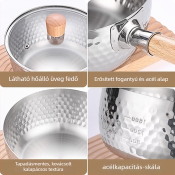 316-os rozsdamentes acél tejfőző fazék, többszörös aljzattal, üvegfedő, tapadásmentes belső, modern minimalist stílus