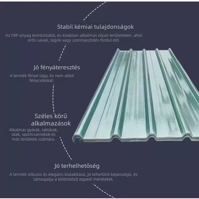 Átlátszó FRP üvegszálas panel, gerinc profilú, korrózióálló és tűzálló