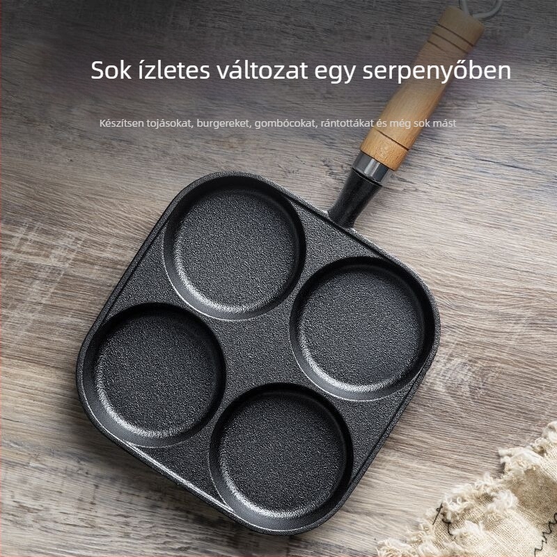 Öntöttvas tojásserpenyő négy lyukkal, mélyített forma tojásos burgerekhez, tapadásmentes, lapos reggeliző serpenyő