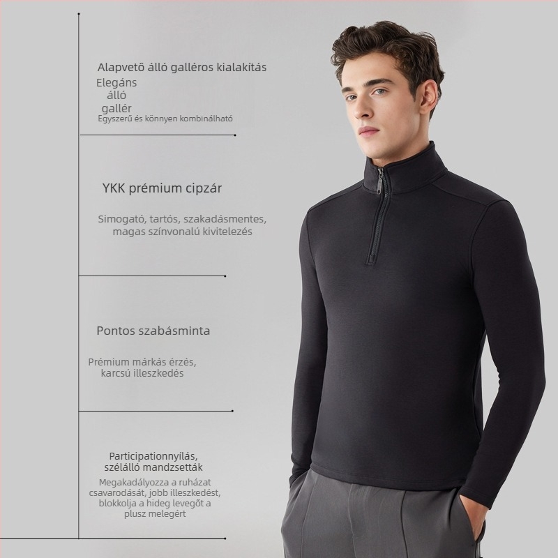 Férfi fél-zip állógalléros pulóver – Lyocell 28,6% keverék, karcsú szabás, oldalsó zsebek