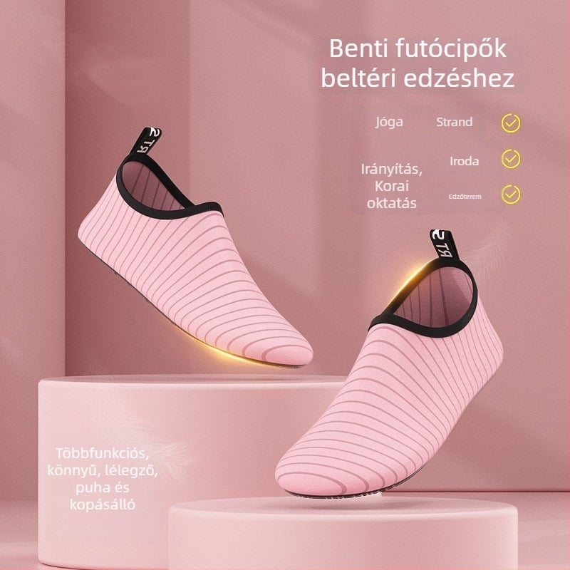 Beltéri fitnesz cipő – puha talpú, könnyű, csúszásmentes, csíkos dizájn, táncra és otthoni edzéshez (Talp: természetes kaucsuk; Felsőrész: pamut; Belső: pamut; Boka magassága: alacsony)