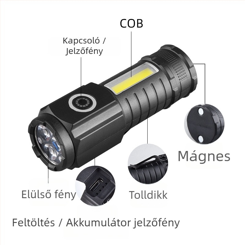 TZ-124 kézi zseblámpa, 120 lm, 120° fénysugár, IP44, 14500 akkumulátor, töltési idő 3–5 óra