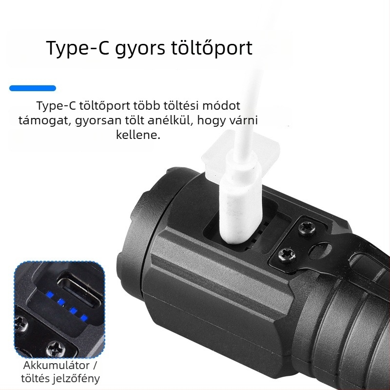 TZ-124 kézi zseblámpa, 120 lm, 120° fénysugár, IP44, 14500 akkumulátor, töltési idő 3–5 óra