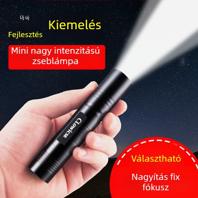 LED zseblámpa, újratölthető, alumíniumötvözet test, 2600mAh akkumulátor, 10W teljesítmény, 200–500 m hatótávolság