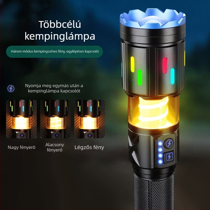 LED elemlámpa optikai zoommal, 20W, 500m hatótávolság, Type-C töltés, Akkumulátor lehetőségek: 26650/18650/AAA
