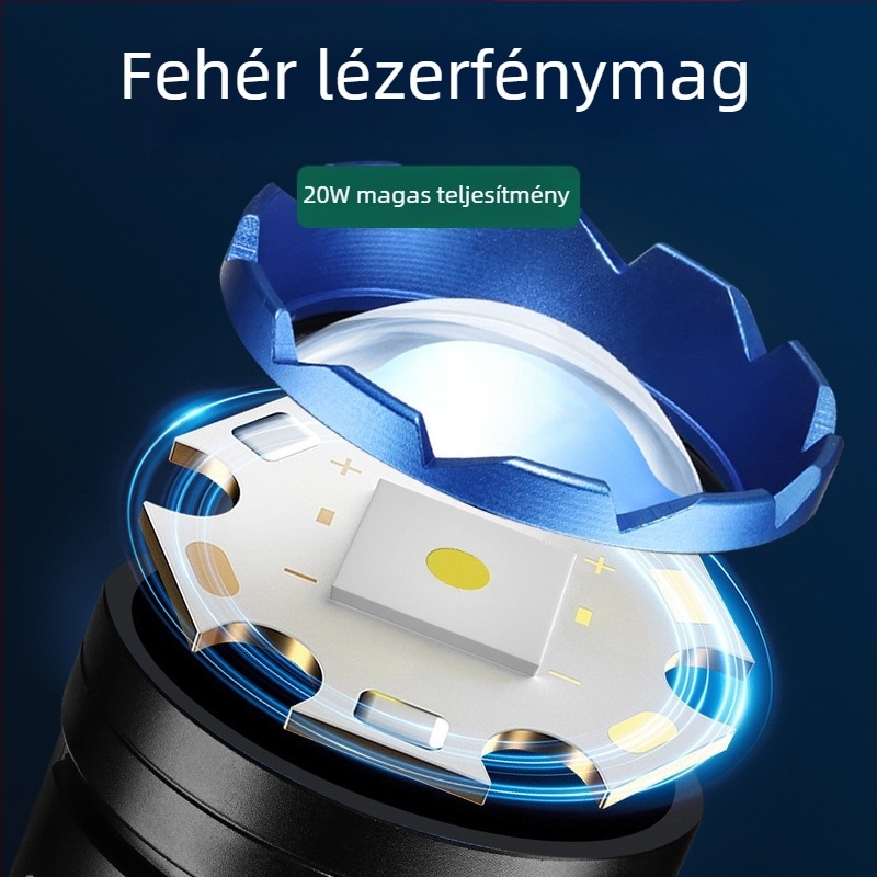LED elemlámpa optikai zoommal, 20W, 500m hatótávolság, Type-C töltés, Akkumulátor lehetőségek: 26650/18650/AAA