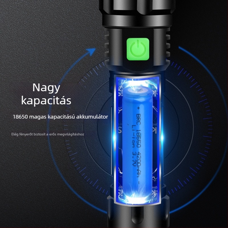 LED zseblámpa, alumínium ötvözet test, 10 W, 2400 mAh akkumulátor, 200–500 m hatótávolság