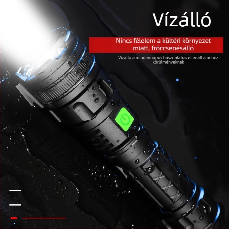LED zseblámpa, alumínium ötvözet test, 10 W, 2400 mAh akkumulátor, 200–500 m hatótávolság