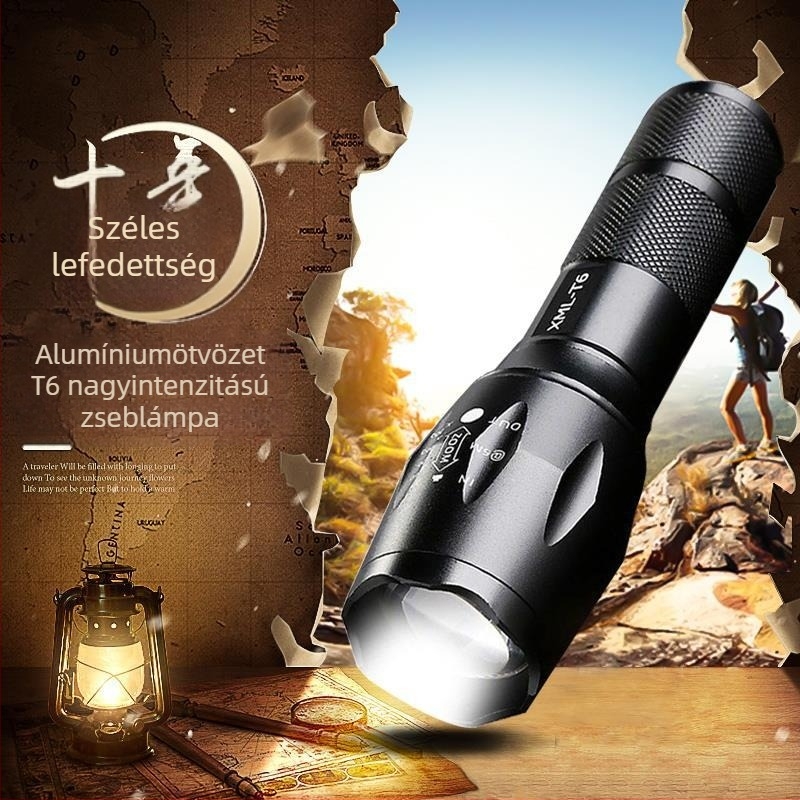 Töltőhető LED zseblámpa teleszkópos zoommal – alumínium ötvözet test, 10W LED, 4200 mAh, 360° forgás, kézi tekercs, töltés, 200–500 m hatótáv